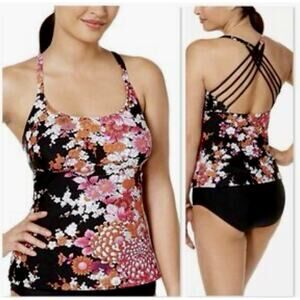 ISLAND ESCAPE Tankini Swim Top Multi-strap Back Floral Large 14